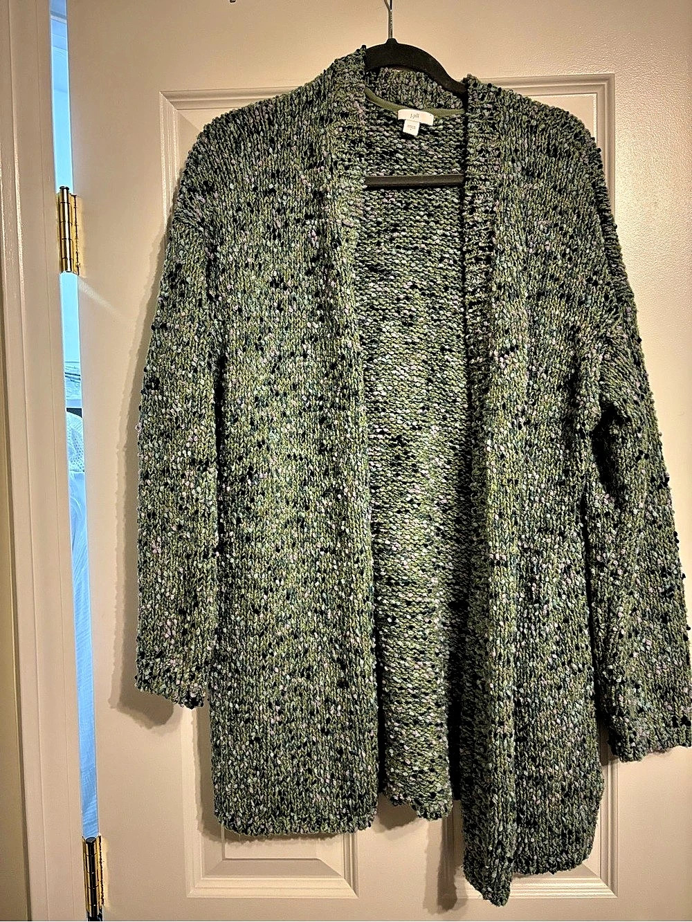 J.Jill Green Speckled Boucle Ribbed Knit Open Front Cardigan Green & Pink Large